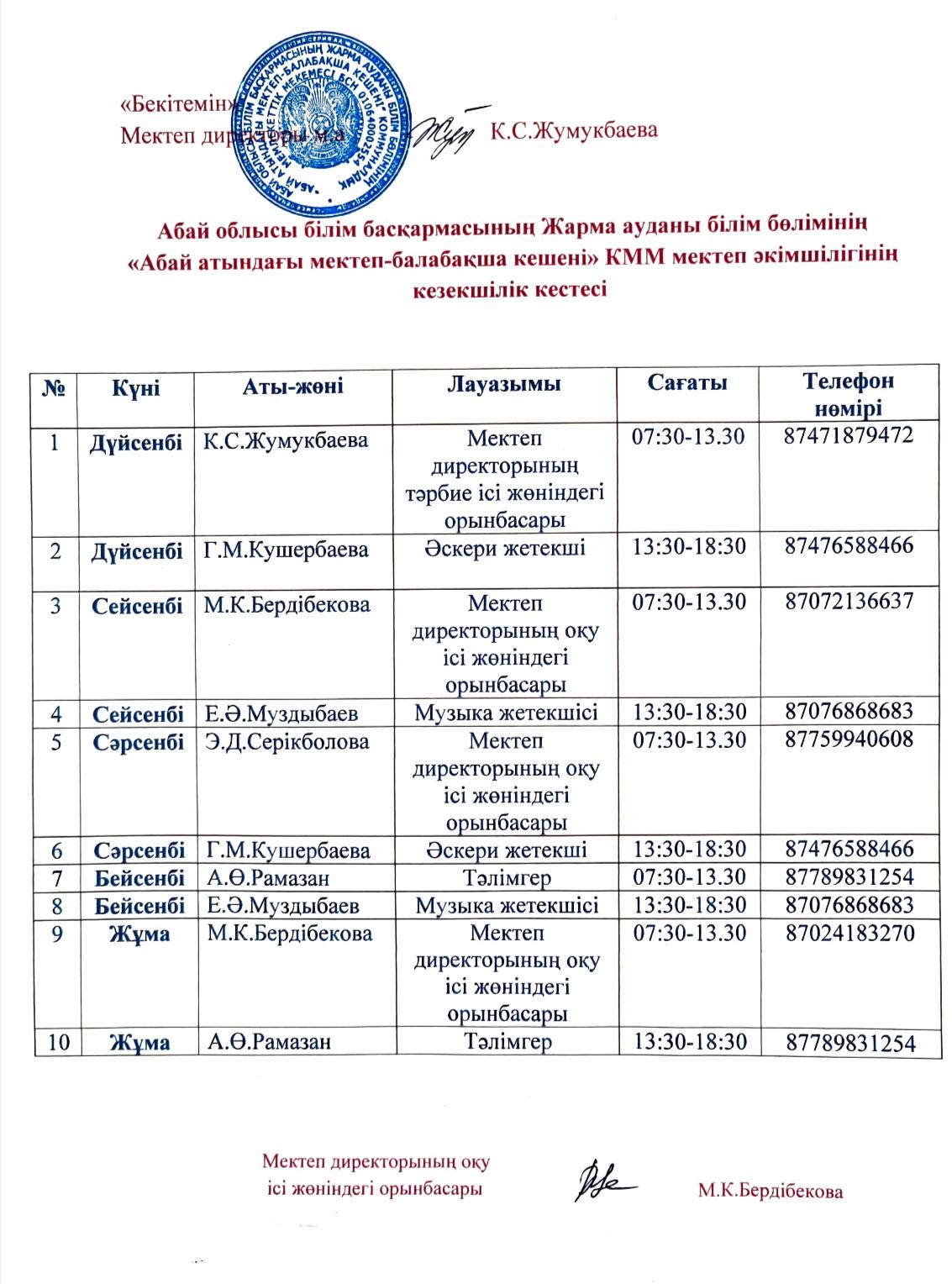 Мектеп әкімшілігінің жұмыс кестесі 2024-2025 оқу жылы