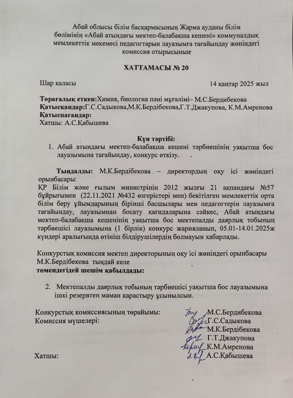 Бос лауазымға конкурс өткізу хаттамасы