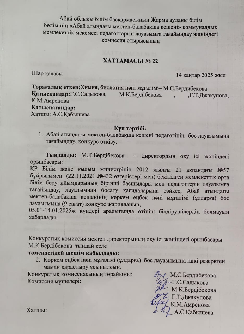 Бос лауазымға конкурс өткізу хаттамасы